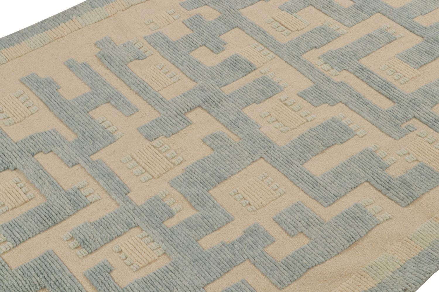 High-Low Scandinavian Rug in Beige and Blue Geometric Pattern