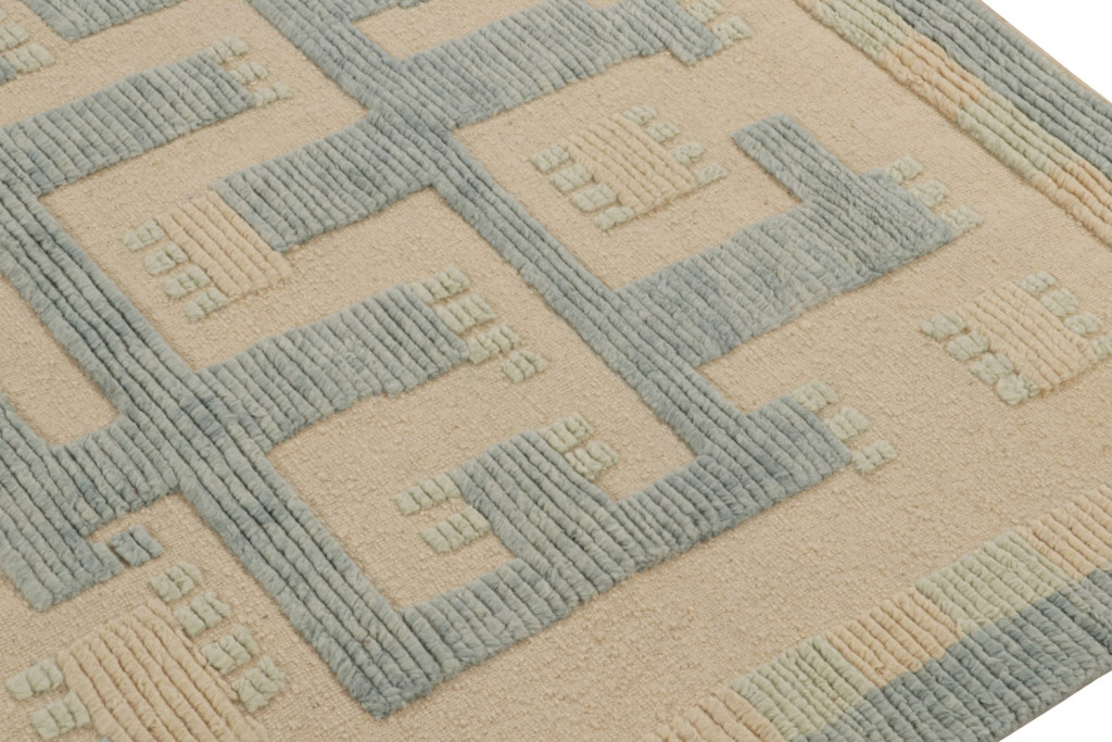 High-Low Scandinavian Rug in Beige and Blue Geometric Pattern