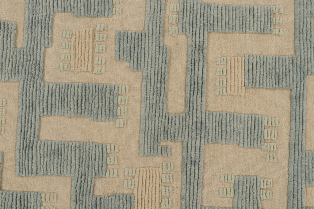 High-Low Scandinavian Rug in Beige and Blue Geometric Pattern