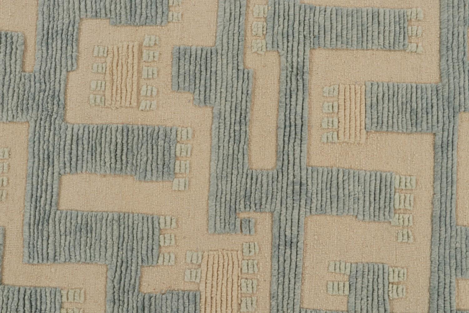 High-Low Scandinavian Rug in Beige and Blue Geometric Pattern