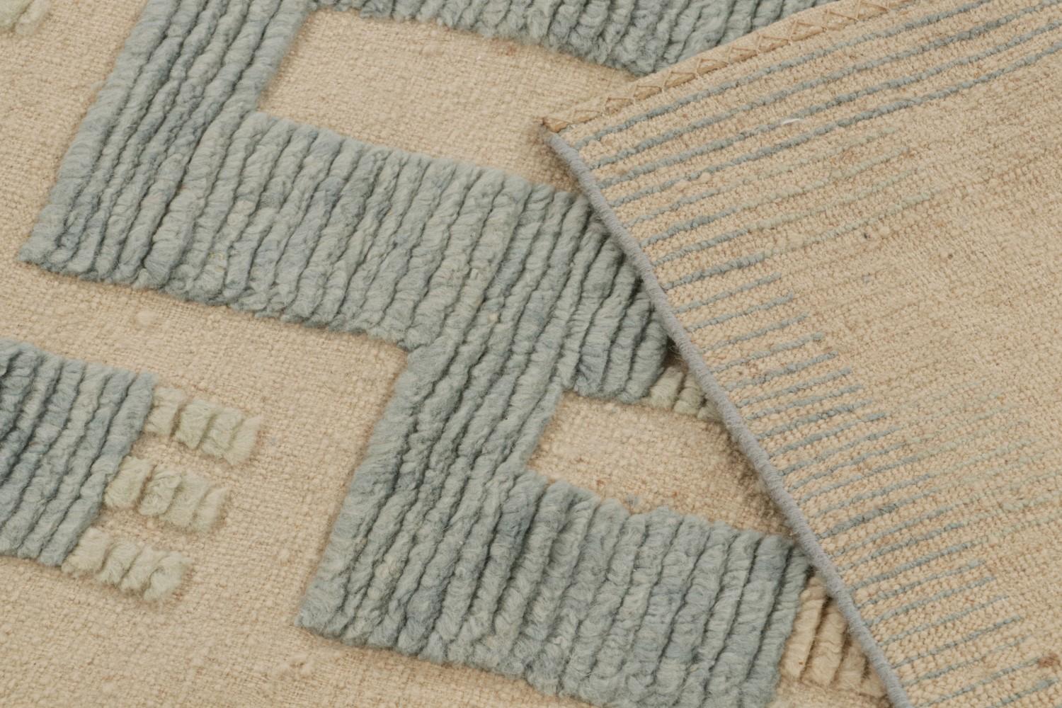 High-Low Scandinavian Rug in Beige and Blue Geometric Pattern