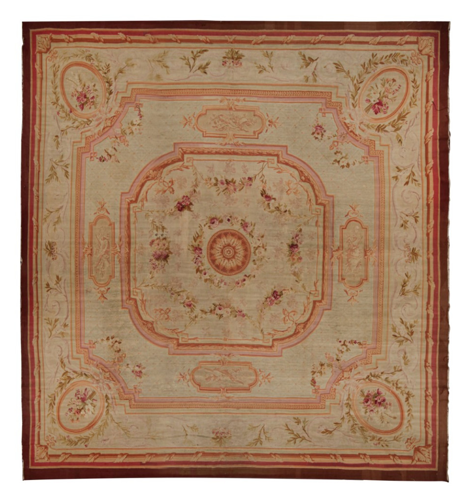 Antique Aubusson Flatweave Floral Square Rug in Cream and Pink