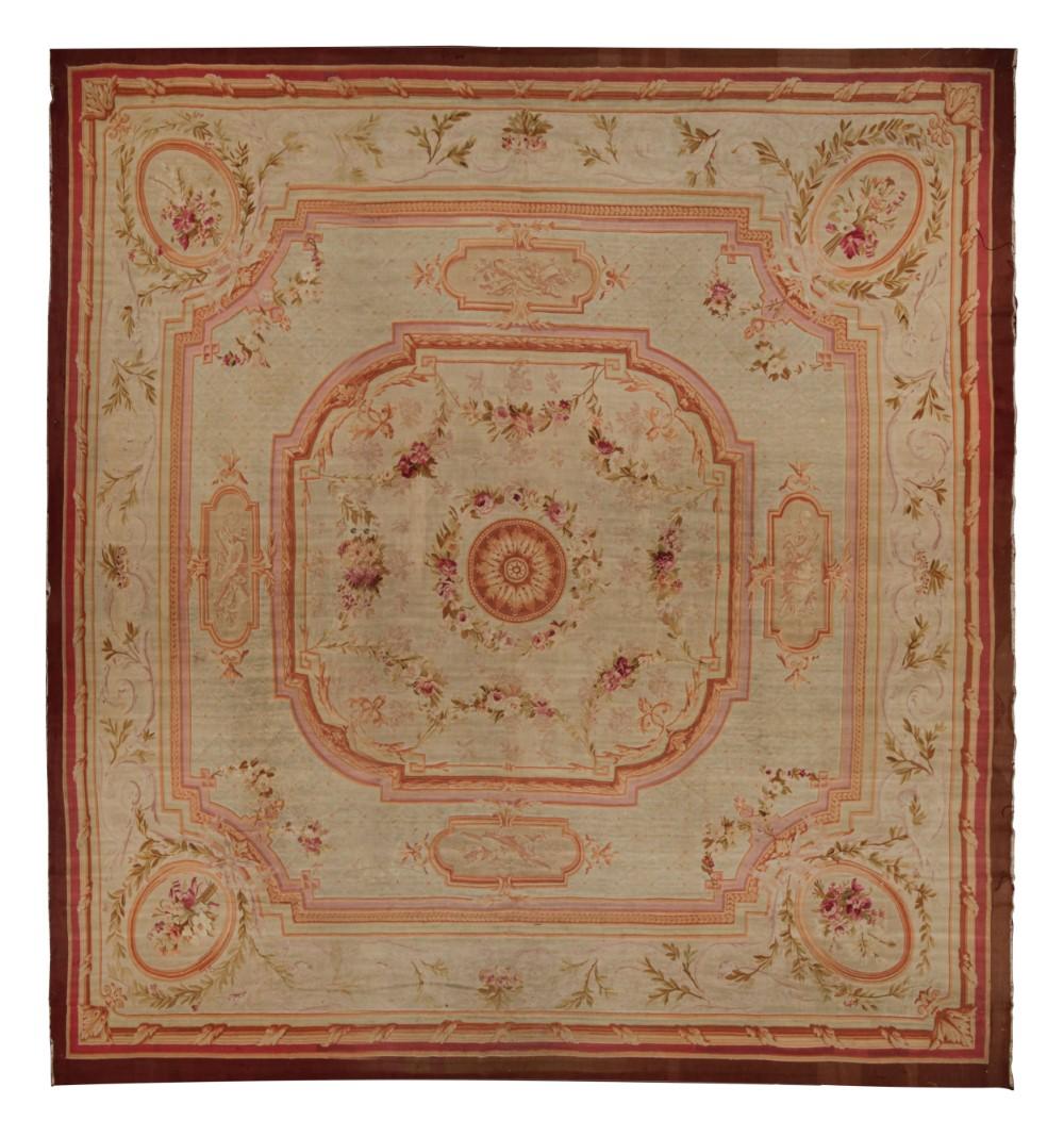 Antique Aubusson Flatweave and Square Rug