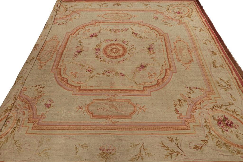 Antique Aubusson Flatweave Floral Square Rug in Cream and Pink
