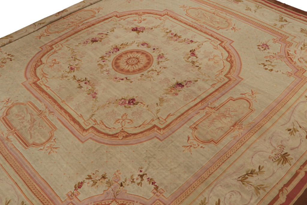 Antique Aubusson Flatweave Floral Square Rug in Cream and Pink