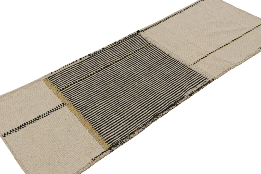 Contemporary Runner Kilim, In Black And Beige/Brown Tones and Stripes.