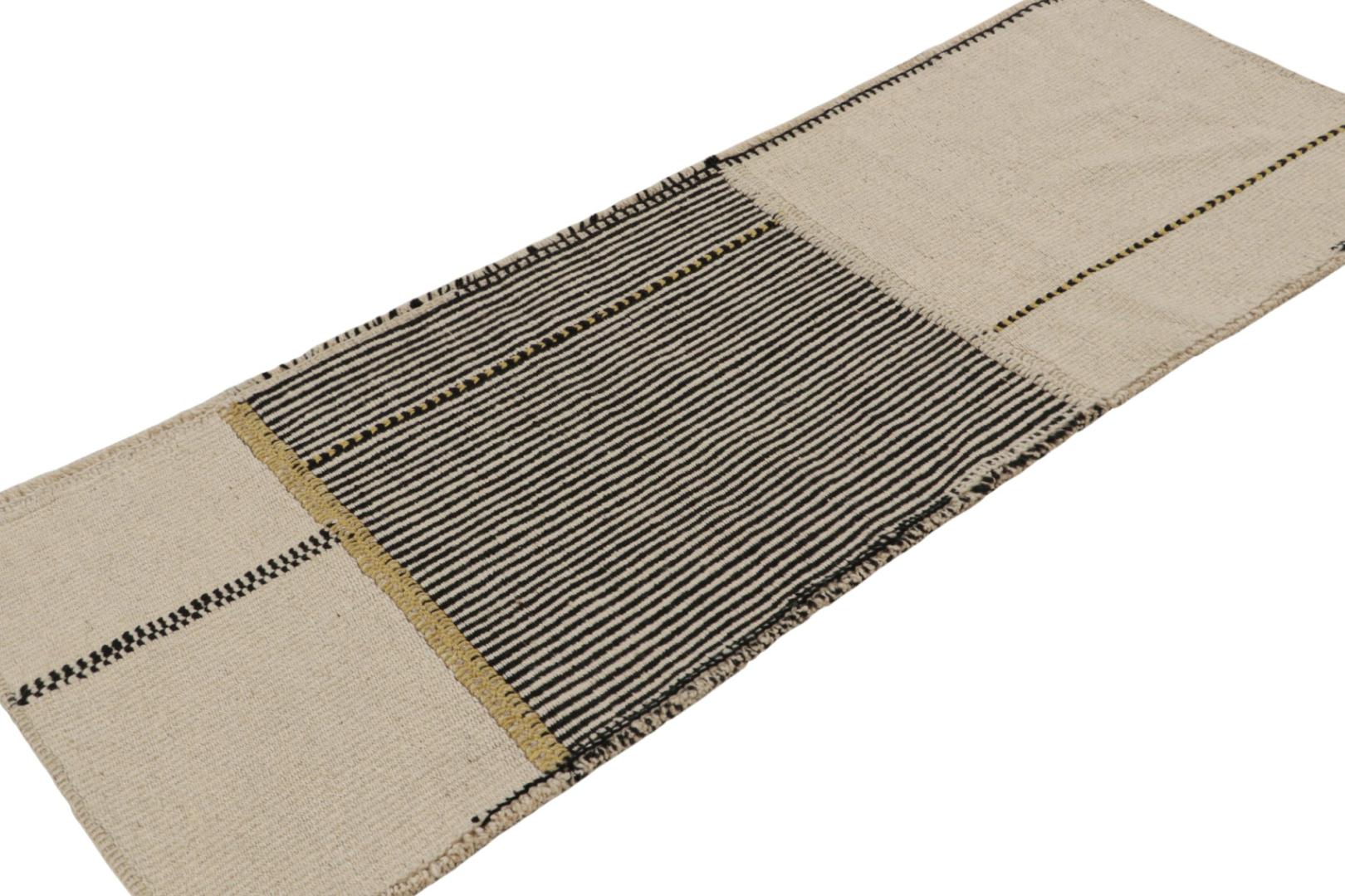 Contemporary Runner Kilim, In Black And Beige/Brown Tones and Stripes.