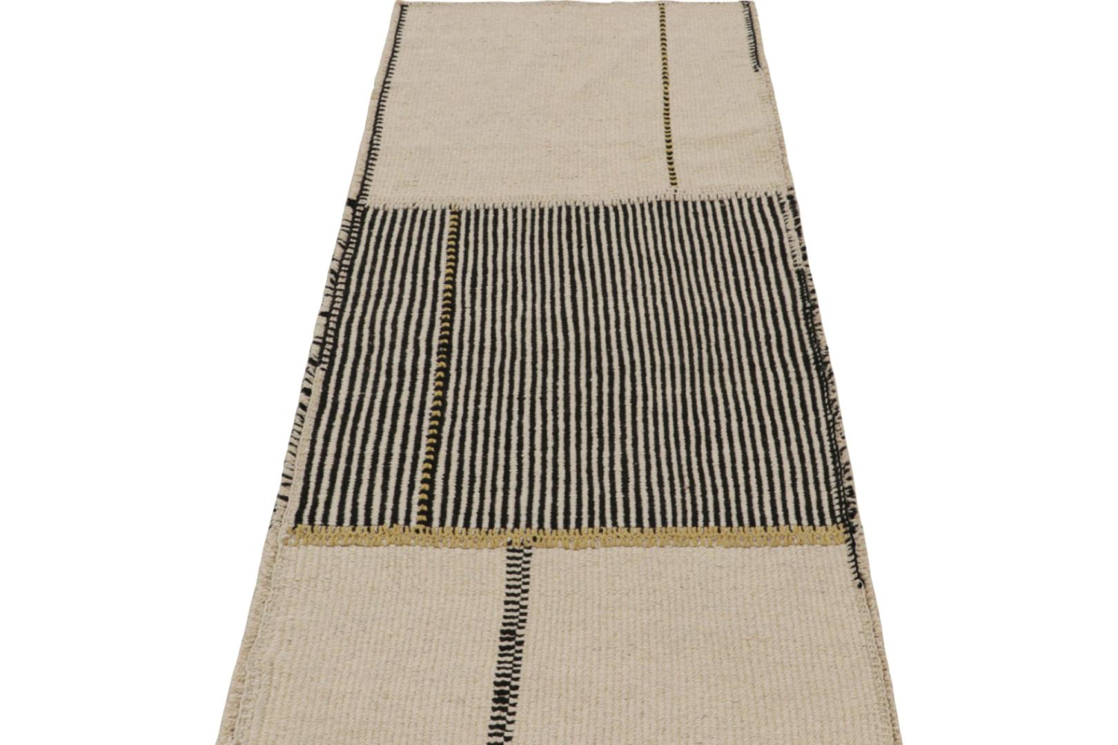 Contemporary Runner Kilim, In Black And Beige/Brown Tones and Stripes.