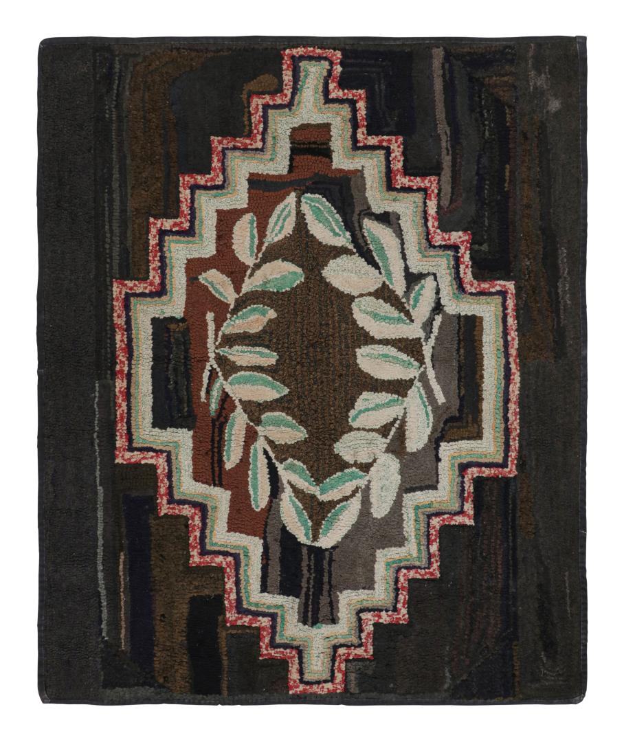 Antique Hooked Pictorial Geometric Rug