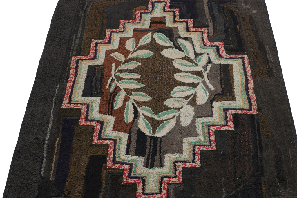 Antique Hooked Pictorial Geometric Rug