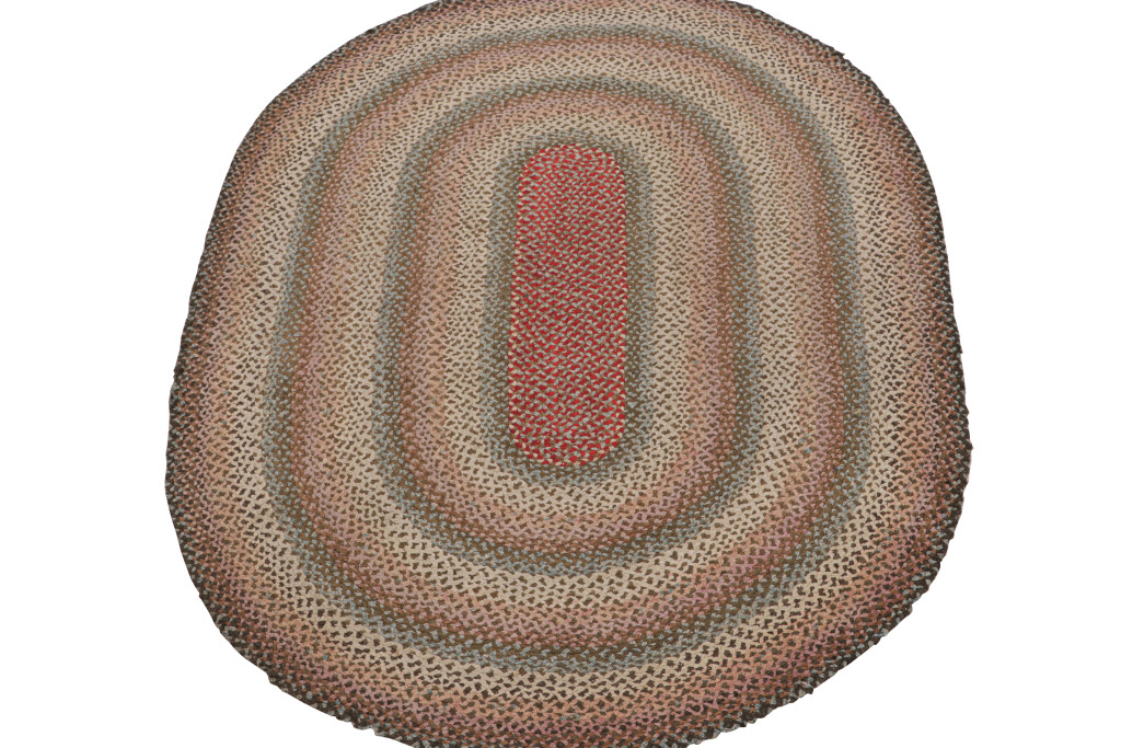 Antique Oval Rug with Braided Round Stripes, Polychromatic - Rug