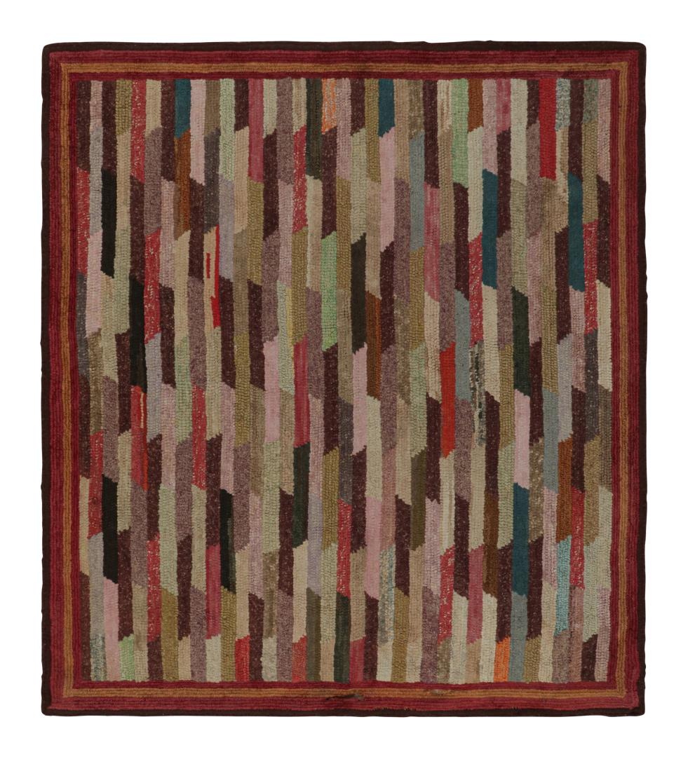 Antique Hooked Geometric Square Rug