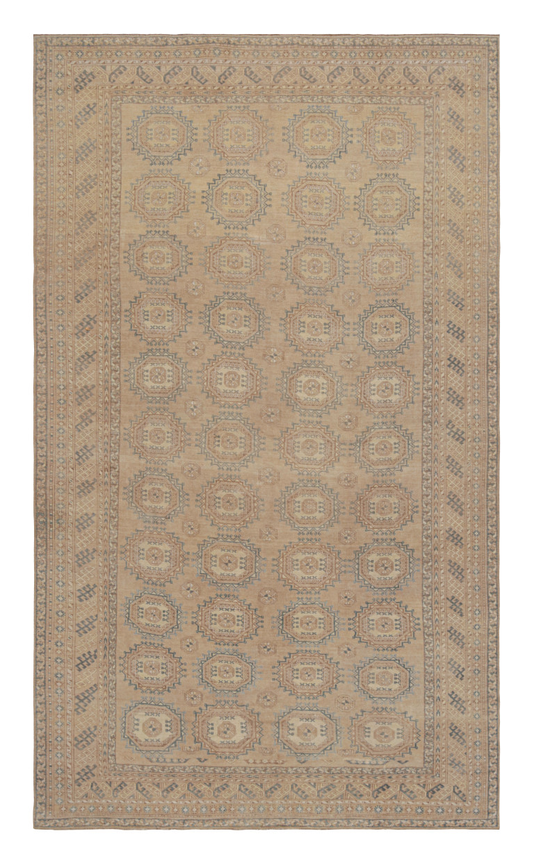 Vintage Ersari Rug in Beige-Brown and Blue with Geometric Patterns by Rug & Kilim