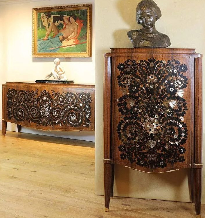 Leleu Art Deco Feux d’artifice (Fireworks) pattern rosewood and marquetry cabinet