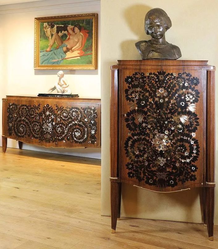 Leleu Art Deco Feux d’artifice (Fireworks) pattern rosewood and marquetry cabinet