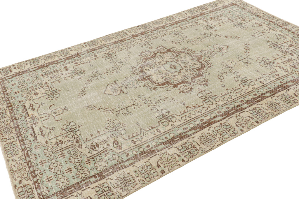 Vintage Turkish Rug in Green with Geometric Pattern & Medallion