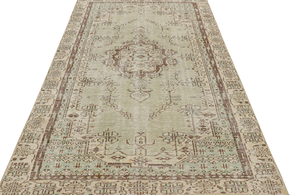 Vintage Turkish Rug in Green with Geometric Pattern & Medallion