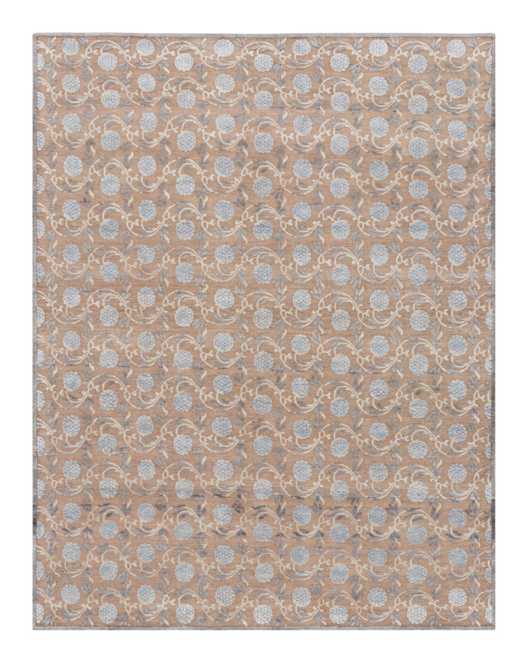 Rug & Kilim’s Modern Block Print Rug in Brown with Blue Floral Patterns