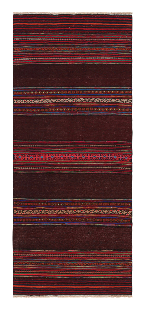 Rug & Kilim’s Contemporary Kilim Runner Rug in Burgundy with Geometric Stripes