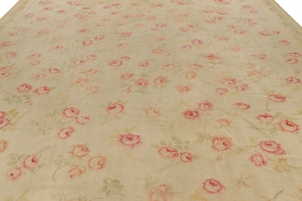 Hover image of Oversized Antique Aubusson Rug in Beige with Floral Patterns, from Rug & Kilim