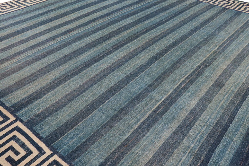 Hover image of Oversized Vintage Dhurrie Square Rug in Blue Stripes and Geometric Border