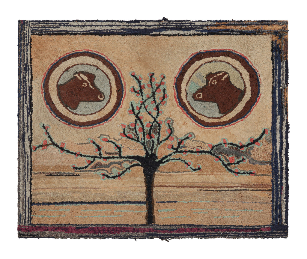 Antique Hooked Rug in Beige-Brown with Tree & Animal Pictorials from Rug & Kilim