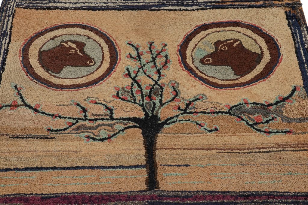 Hover image of Antique Hooked Rug in Beige-Brown with Tree & Animal Pictorials from Rug & Kilim