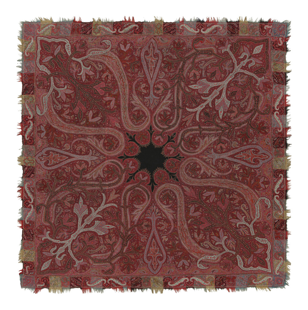 Antique Square Indian Shawl in Burgundy with Florals &  Medallion - Rug & Kilim