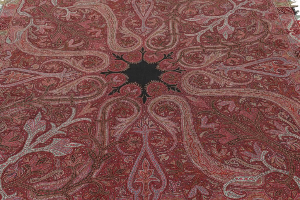 Hover image of Antique Square Indian Shawl in Burgundy with Florals &  Medallion - Rug & Kilim
