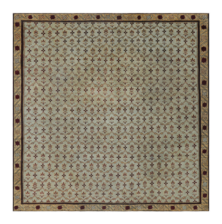Antique Agra Square Rug in Blue and Green with Floral Patterns | Rug & Kilim