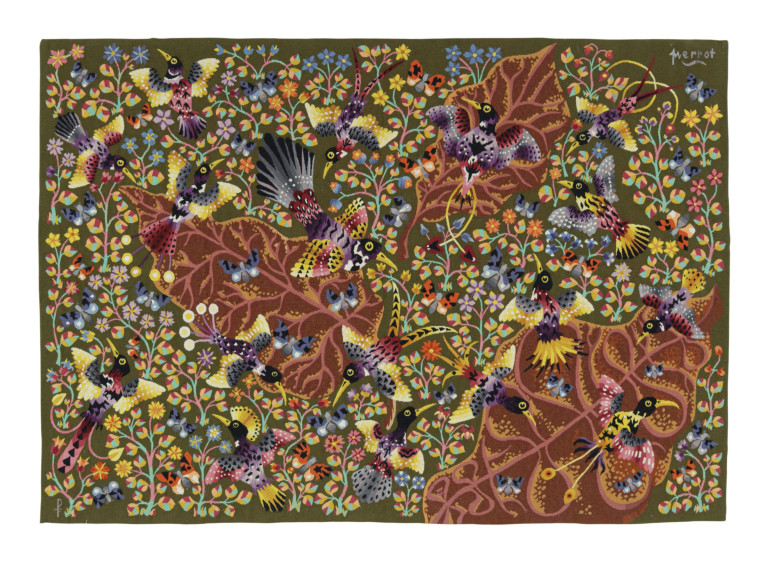 Signed Vintage René Perrot Pictorial and Floral Tapestry - Rug & Kilim