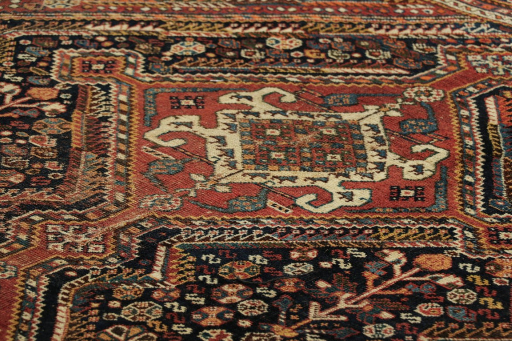 Antique Qashqai Rug in Red and Black with Medallions