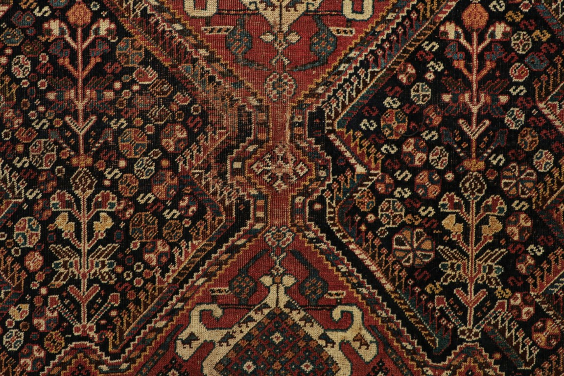 Antique Qashqai Rug in Red and Black with Medallions