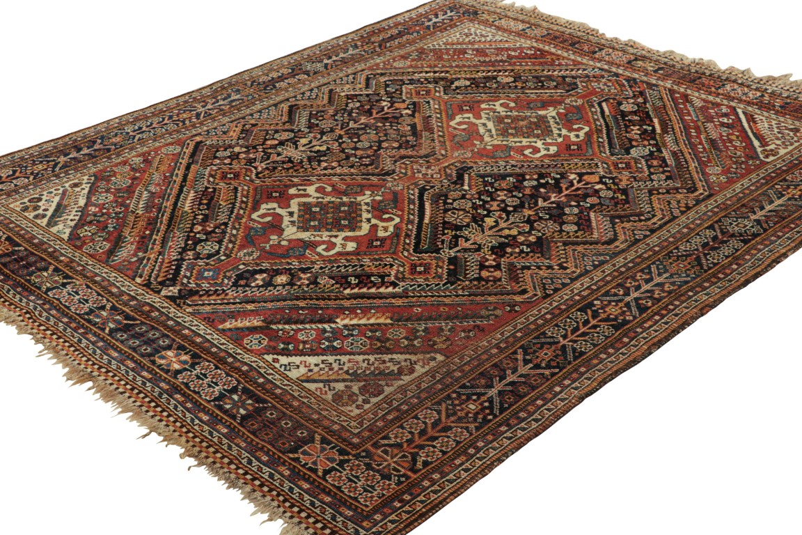Antique Qashqai Rug in Red and Black with Medallions