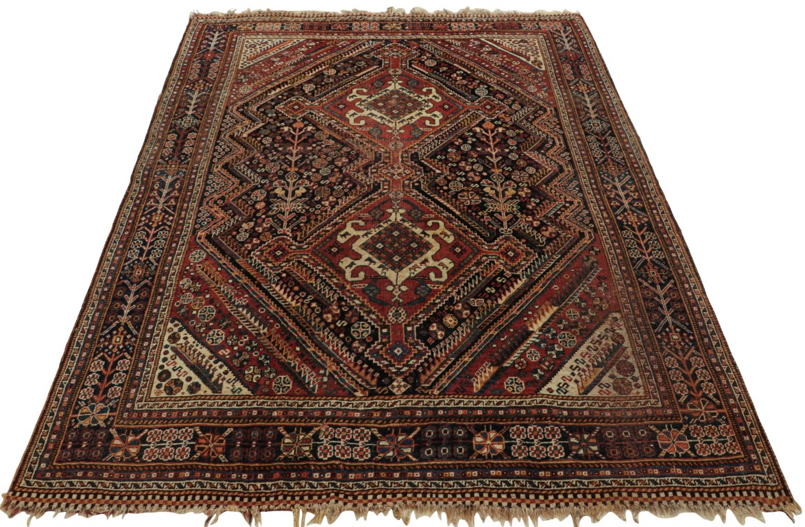Antique Qashqai Rug in Red and Black with Medallions