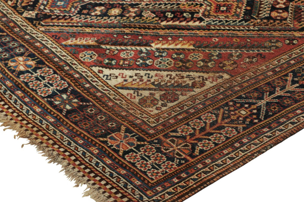 Antique Qashqai Rug in Red and Black with Medallions
