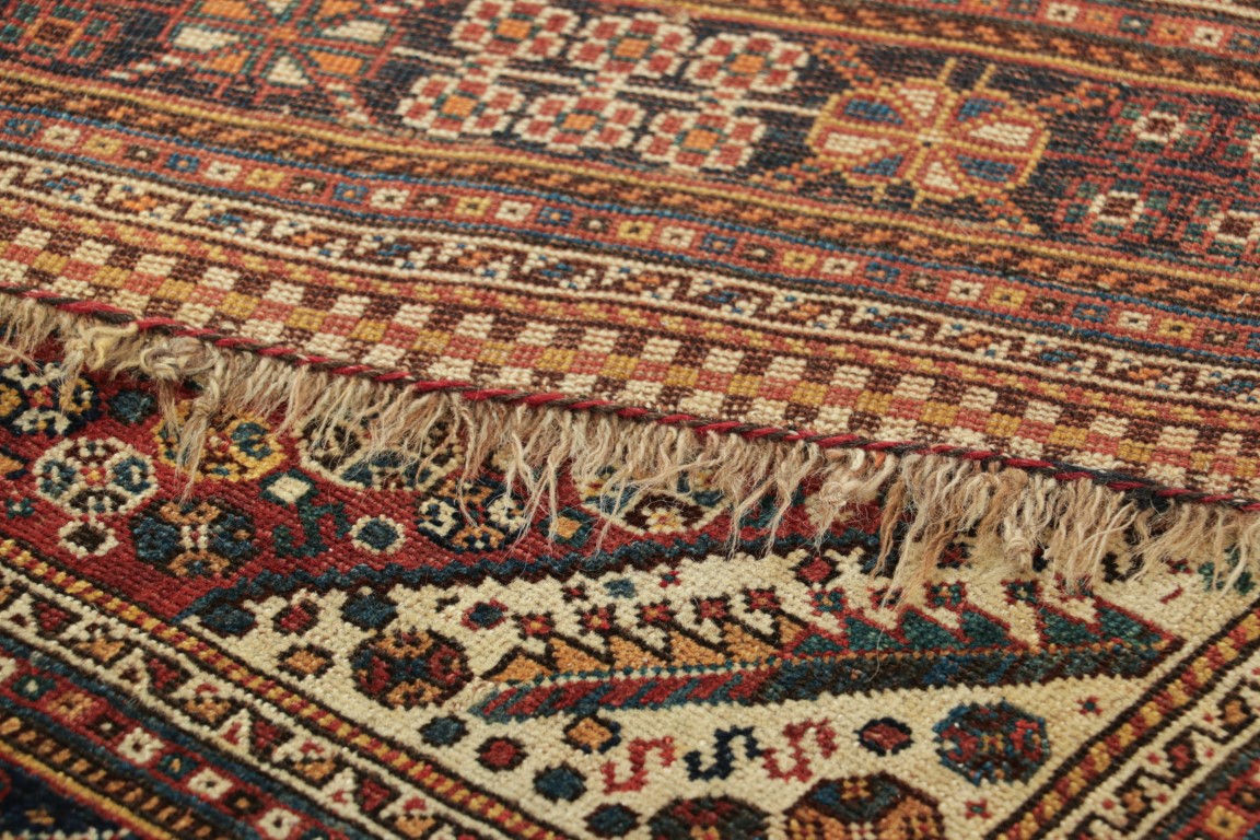 Antique Qashqai Rug in Red and Black with Medallions