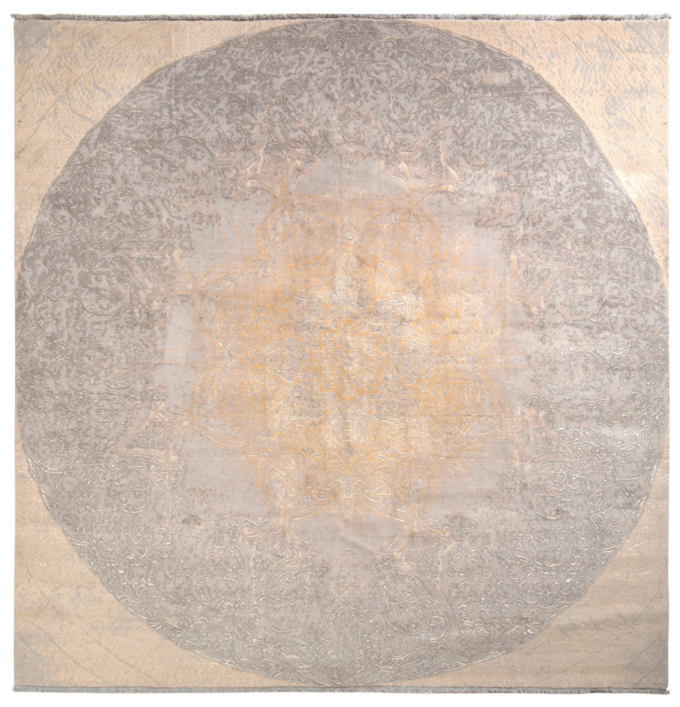 Rug & Kilim’s Modern Rug Square Rug, Beige and Gray Floral Medallion "Rose"