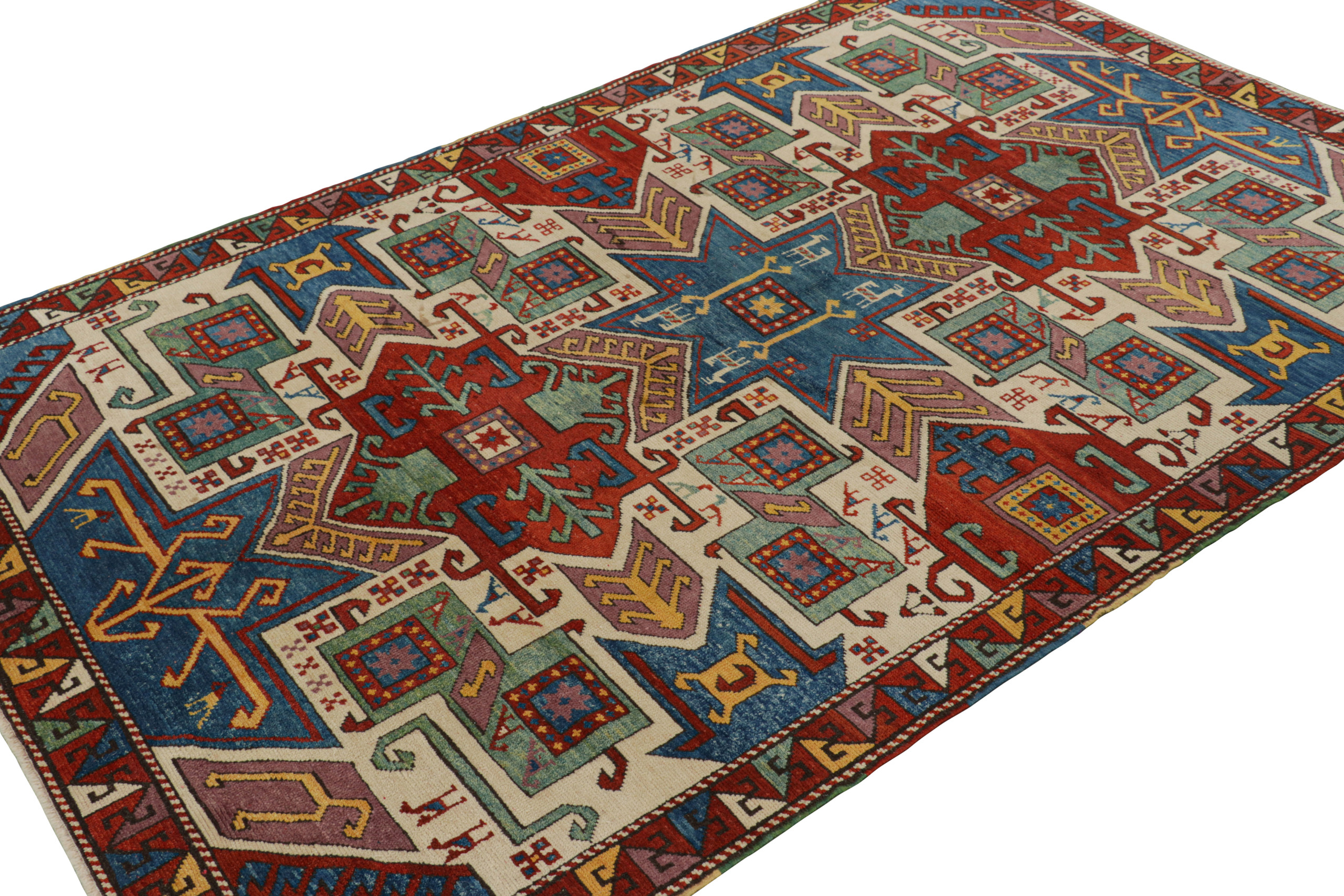 Vintage Turkish Tribal Rug in Red and Blue with Medallions