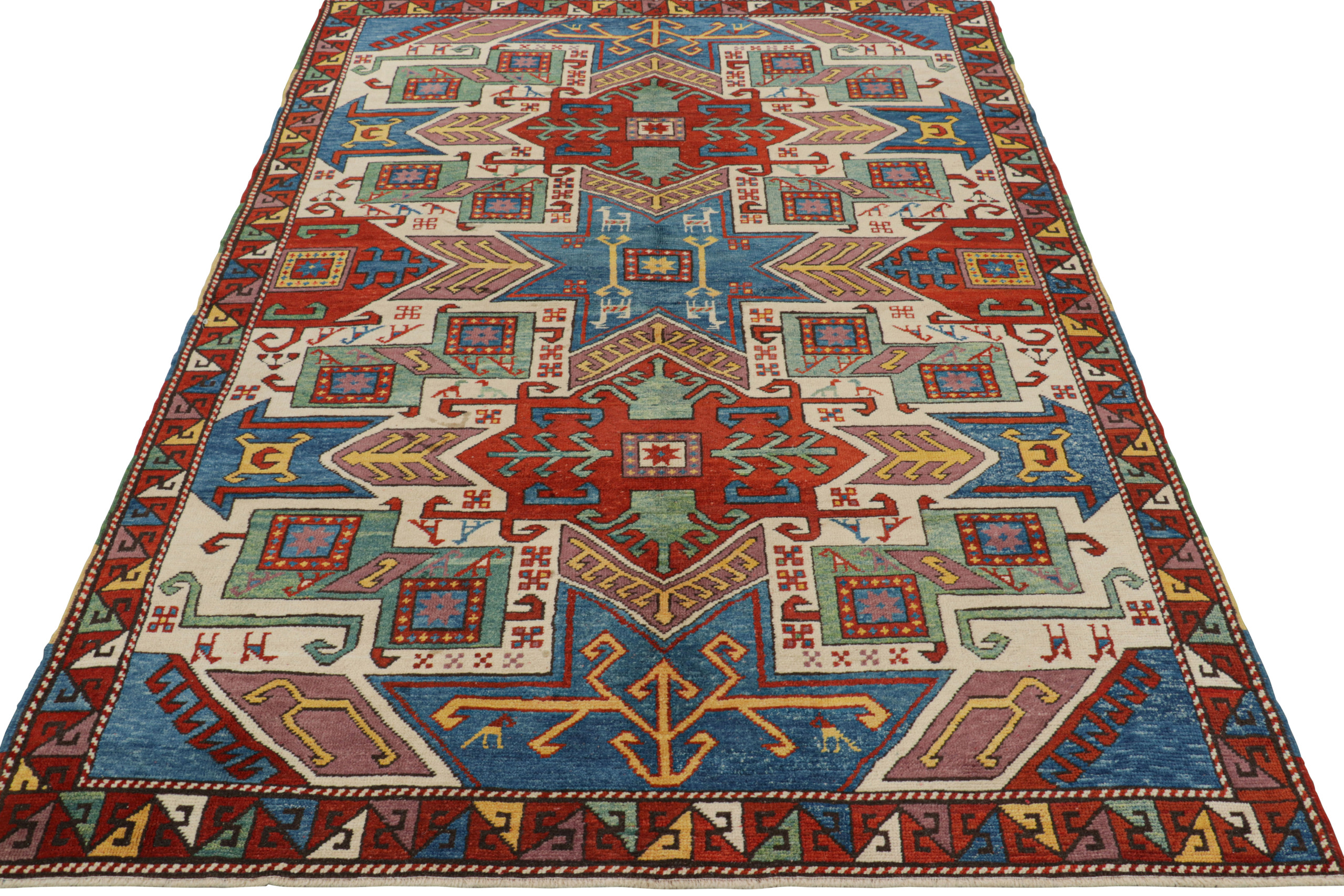 Vintage Turkish Tribal Rug in Red and Blue with Medallions