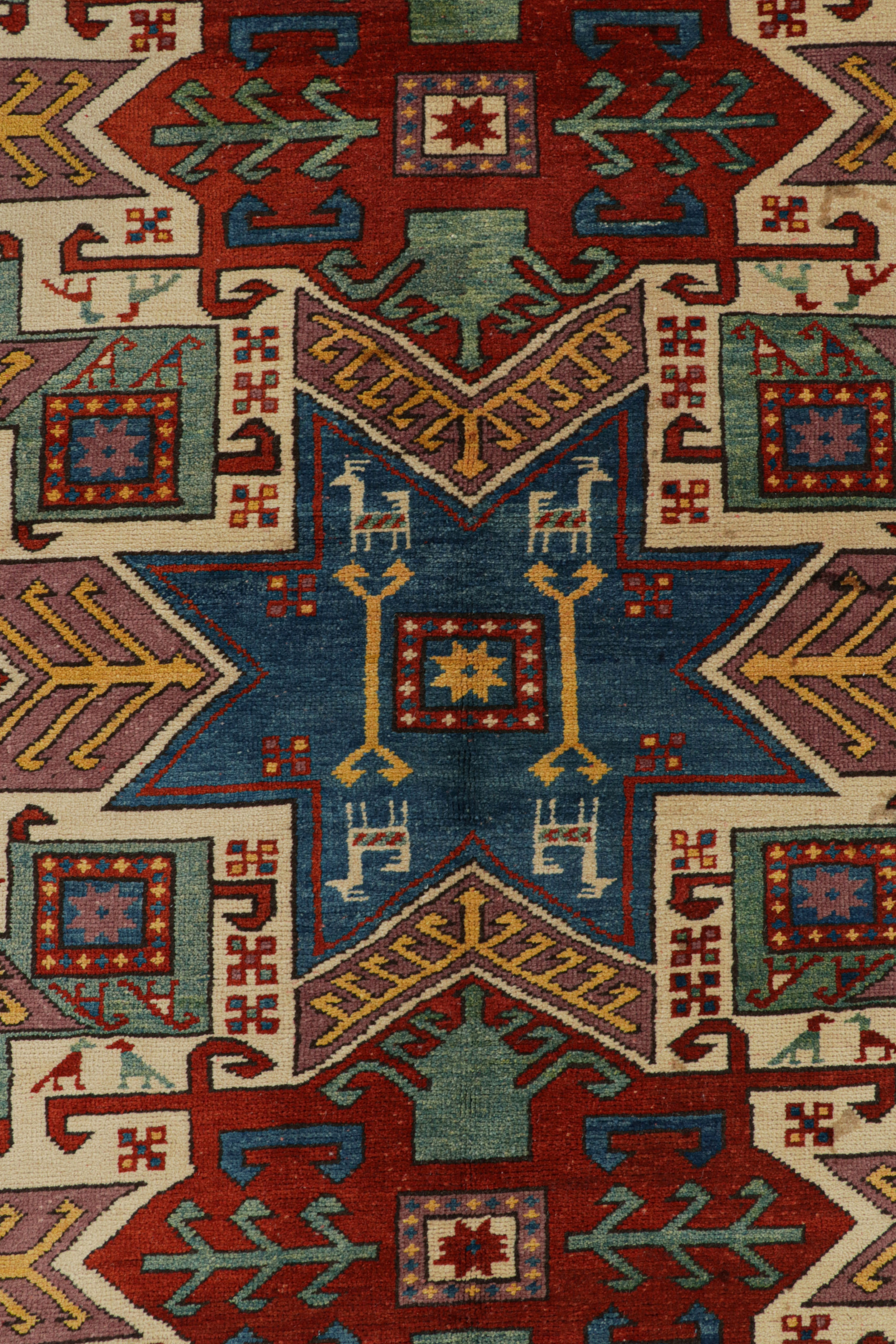 Vintage Turkish Tribal Rug in Red and Blue with Medallions