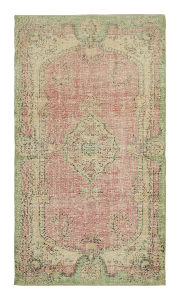 Vintage Turkish Rug in Light Green with Beige Floral Medallion