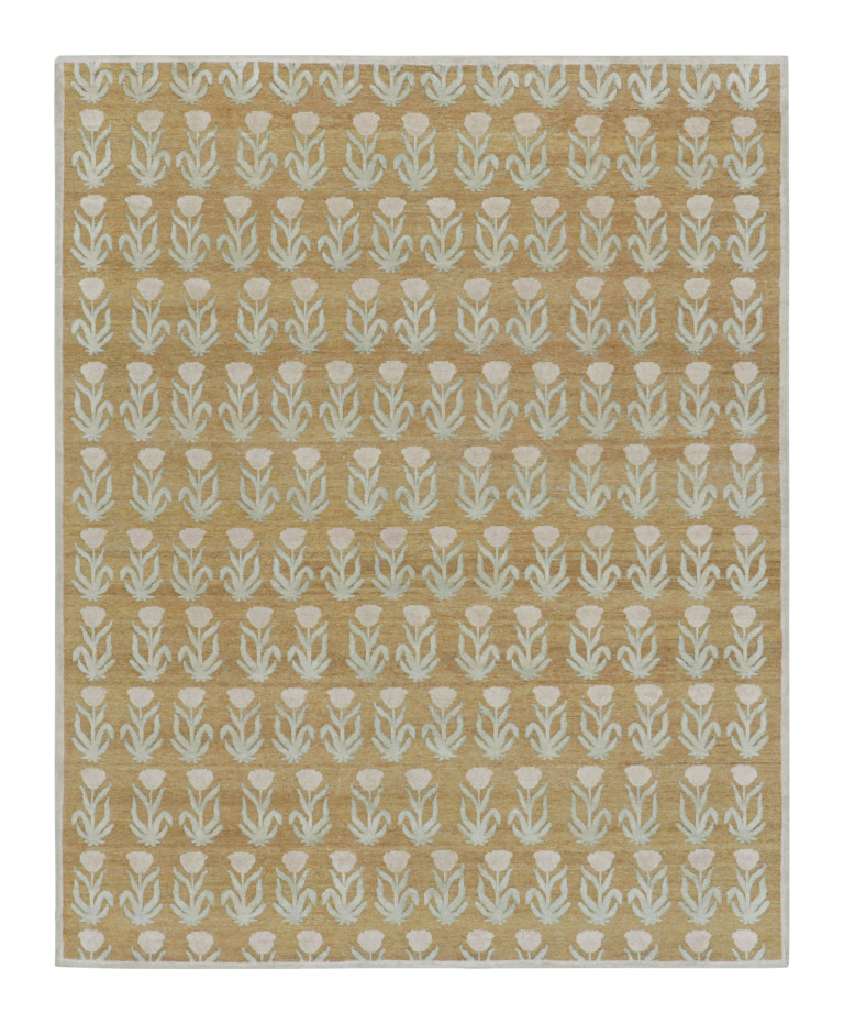Rug & Kilim’s Block Print Rug Design with Pink and Green Floral Patterns