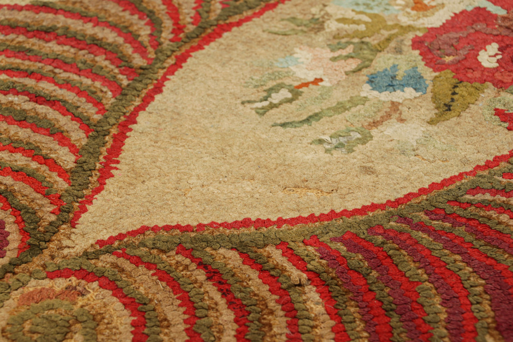 Hover image of Antique Hooked Rug in Beige-Brown with Colorful Floral Medallion | Rug & Kilim