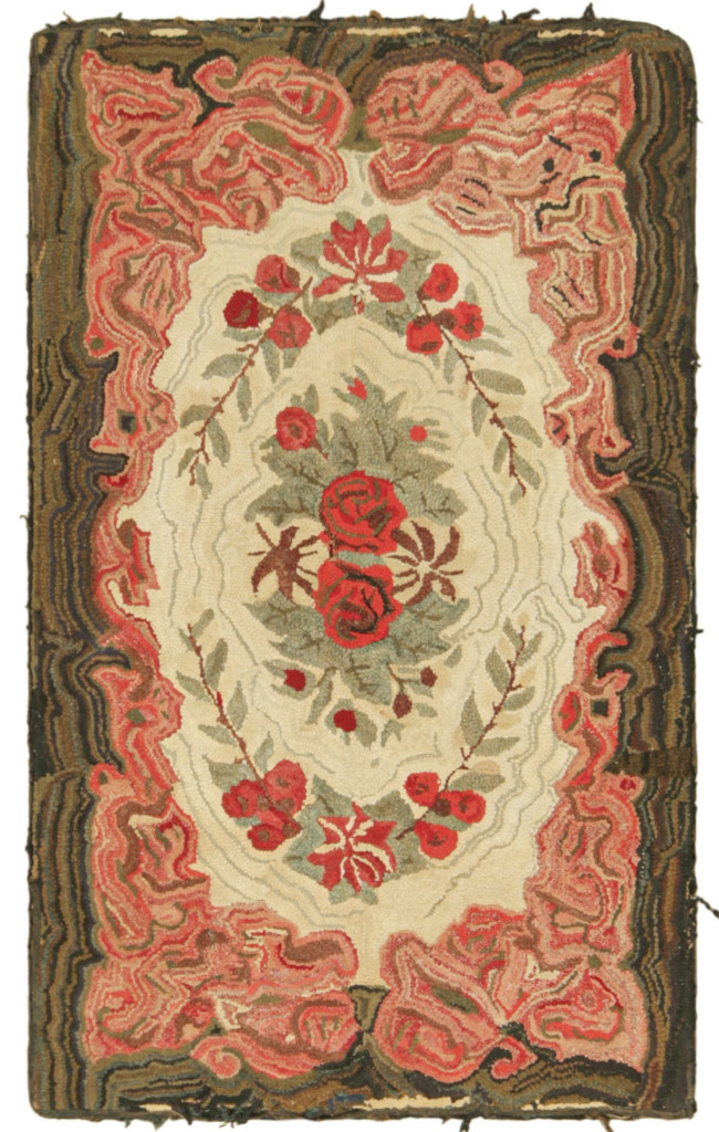 Antique Hooked Rug in Cream & Pink with Colorful Floral Medallion | Rug & Kilim