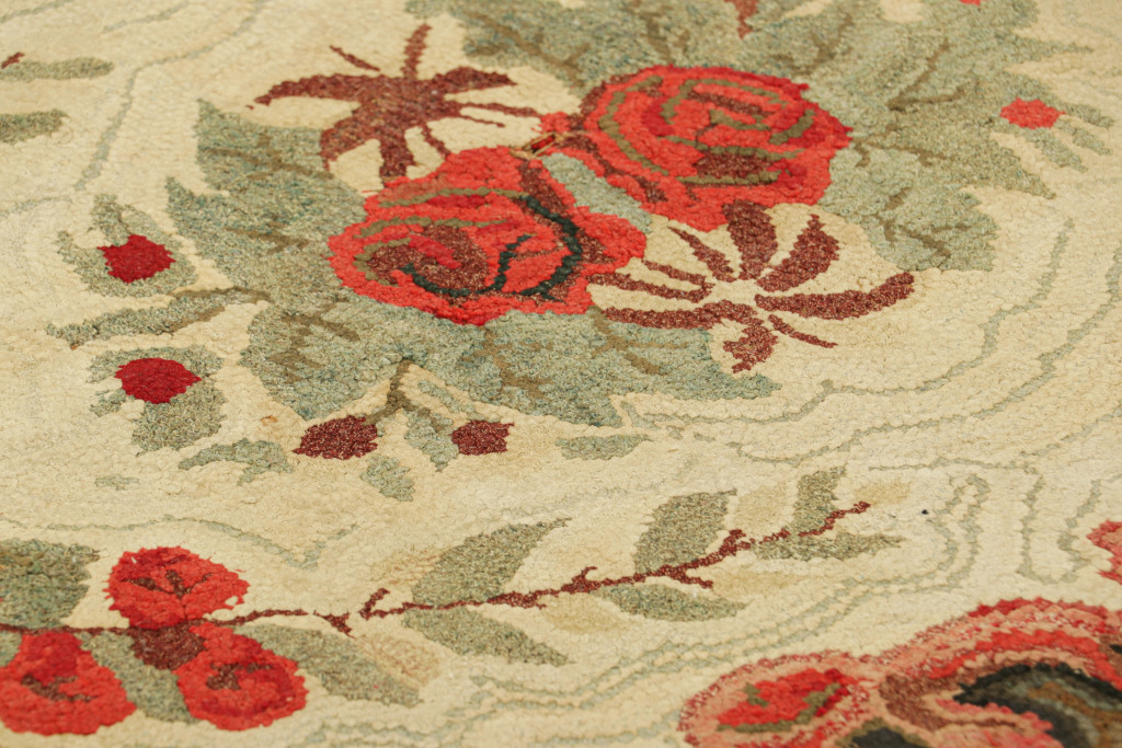 Hover image of Antique Hooked Rug in Cream & Pink with Colorful Floral Medallion | Rug & Kilim