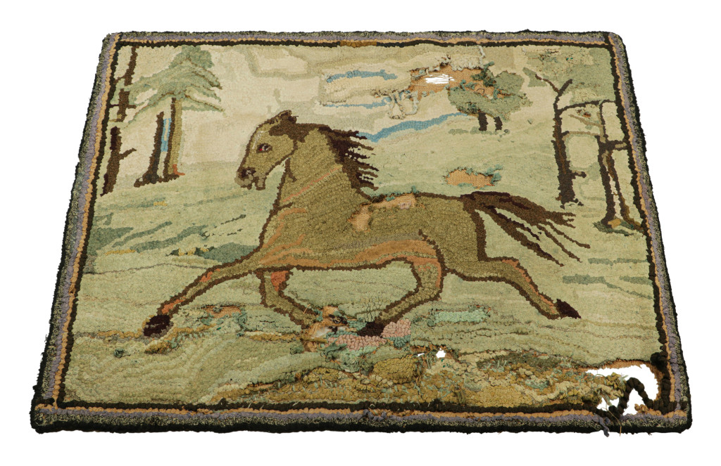 Antique Hooked Rug With Horse Pictorials In Blue And Cream