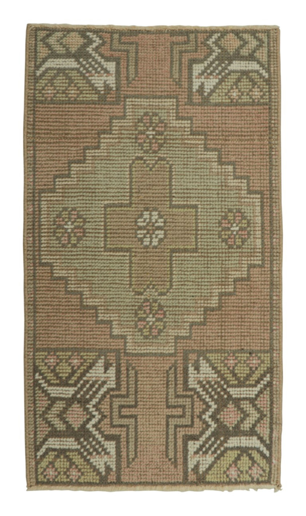Vintage Turkish Rug in Pink with Blue & Green Geometric Medallion | Rug & Kilim