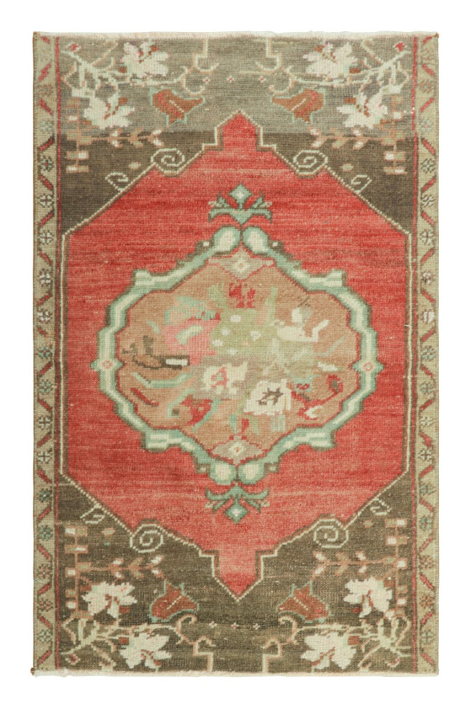 Vintage Turkish Rug in Pink, Gray and Cream Floral Medallion