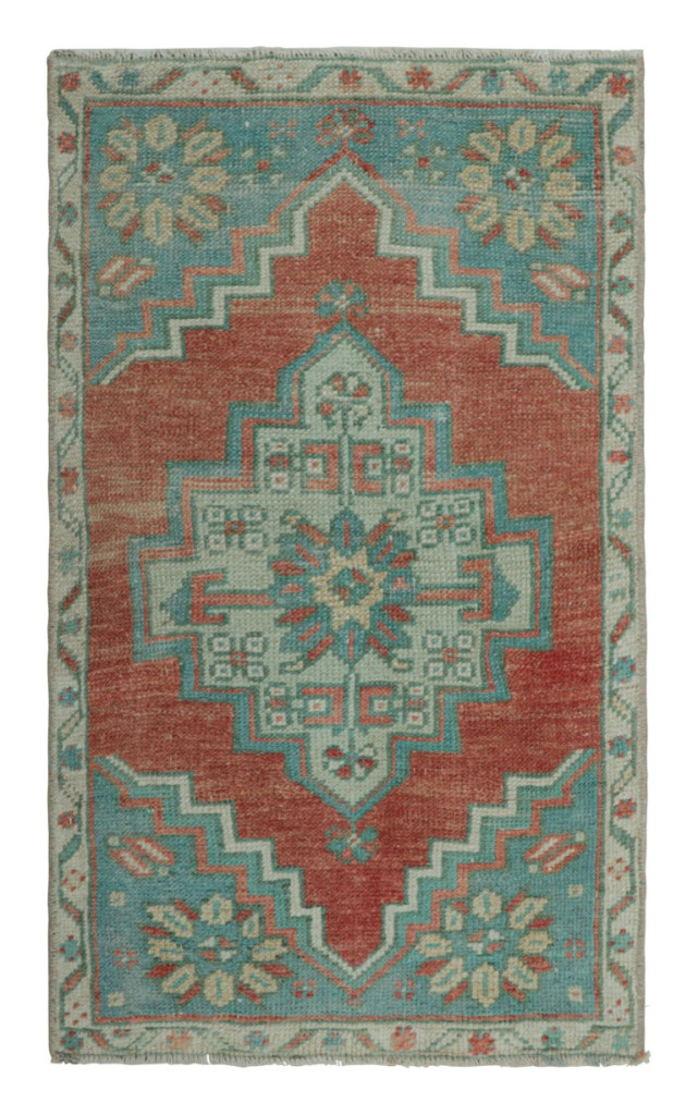 Vintage Turkish Rug in Red with Blue and White Floral Medallion | Rug & Kilim